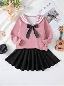 A Stylish And Simple Two-Piece Outfit for Girls, Casual Fashion Set Featuring a Bow Graphic Top Paired with a Solid Color Skirt, Perfect for Everyday Wear And Outdoor Activities
