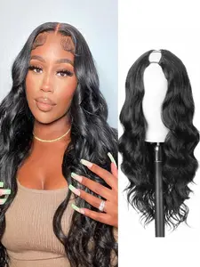 Black V Part Wig 24" Long Body Wave Synthetic Curly Wavy U V Part Half Wigs Glueless Upgrade U Part Wig Glueless Full Head Clip in Hair Extensions for Black Women