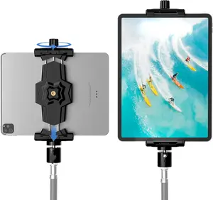 iPad and Phone Tripod Mount Adapter with Ball , iPad Holder for Tripod, 360 Rotatable Tablet Clamp Mount fits iPad Pro 12.9, Air Mini 3 4, Galaxy Tab, Surface Pro, Selfie Stick(5.3-10.6")