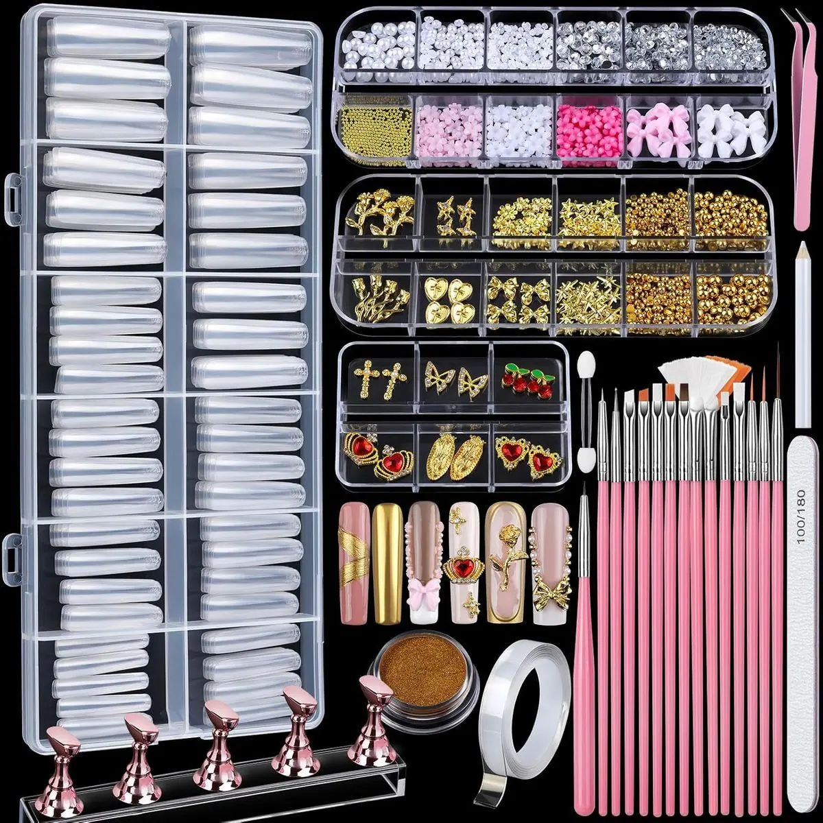 Square Nail Tips with Nail Charms Nail Art Brushes, 240pcs XXL Fake Nails with Nail Stand for Extensions, Clear Acrylic Nail Tips Gel Nails Long Full Coverage