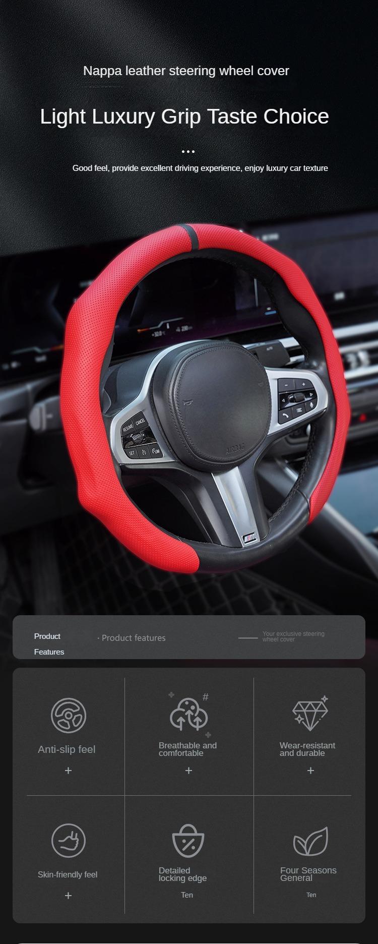 Ultra-Thin, Anti-Slip, Breathable, Quick Spin, All-Season, Nappa Leather Auto Interior Kit, Black with White Stitching