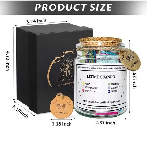 Sturdy Glass Christian Scripture Prayer Card Storage Jar with Lid & Gift Box - Tear-Resistant, Waterproof, Modern Desk Organizer with 90 Color-Coded Spanish-English Bible Verses, Stress Relief Devotional Companion for All Ages, Church Gift