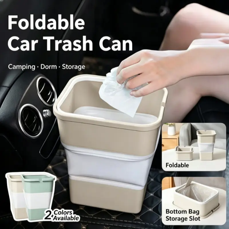 Collapsible Car Trash Can with Hidden Trash Bag Storage, Compact Folding Garbage Bin for Vehicle, Camping, Picnic, Beach, Drinks and Small Storage Items-MM1