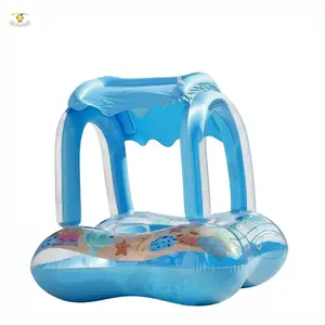 Baby Pool Float with Canopy, Inflatable Toddler Swim Seat, Anti-Roll Infant Swimming Ring, Cute Sea Animal Print, Summer Pool Beach Fun