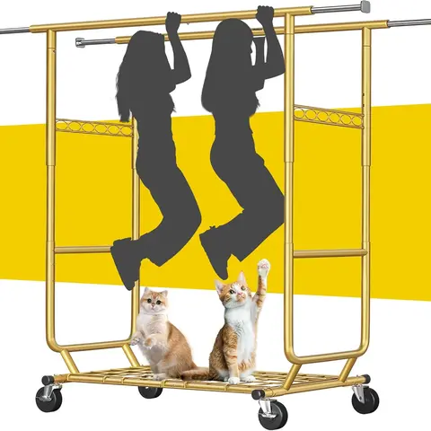 Raybee Rolling Clothing Rack with Double/ Single Hanging Rods,  Heavy Duty Clothes Rack Max Capacity 630LBS /485LBS, Foldable Portable Closet Rack with Shelf, Adjustable Commercial Garment Rack with Wheels