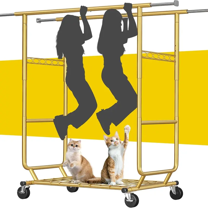 Raybee Rolling Clothing Rack with Double/ Single Hanging Rods, Heavy Duty Clothes Rack Max Capacity 630LBS /485LBS, Foldable Portable Closet Rack with Shelf, Adjustable Commercial Garment Rack with Wheels