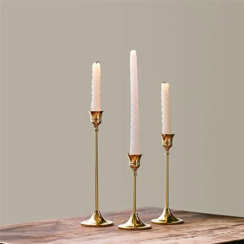 Set of 3 Metal Taper Candle Holders – Gold Vintage-Inspired Decorative Centerpiece for Table, Mantel, Wedding, or Housewarming Gift – Elegant Modern Design.