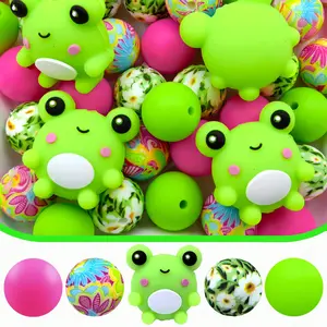5/25/30/50PCS Cute Frog Silicone Beads Set - Vibrant Green and White Color Scheme, Smiling Frog Design for DIY Jewelry Making, Bracelets, Keychains, Beaded Pens, and Craft Accessories | Fun Bead Designs | Flexible Beading Material | Frog Bead Ornaments &