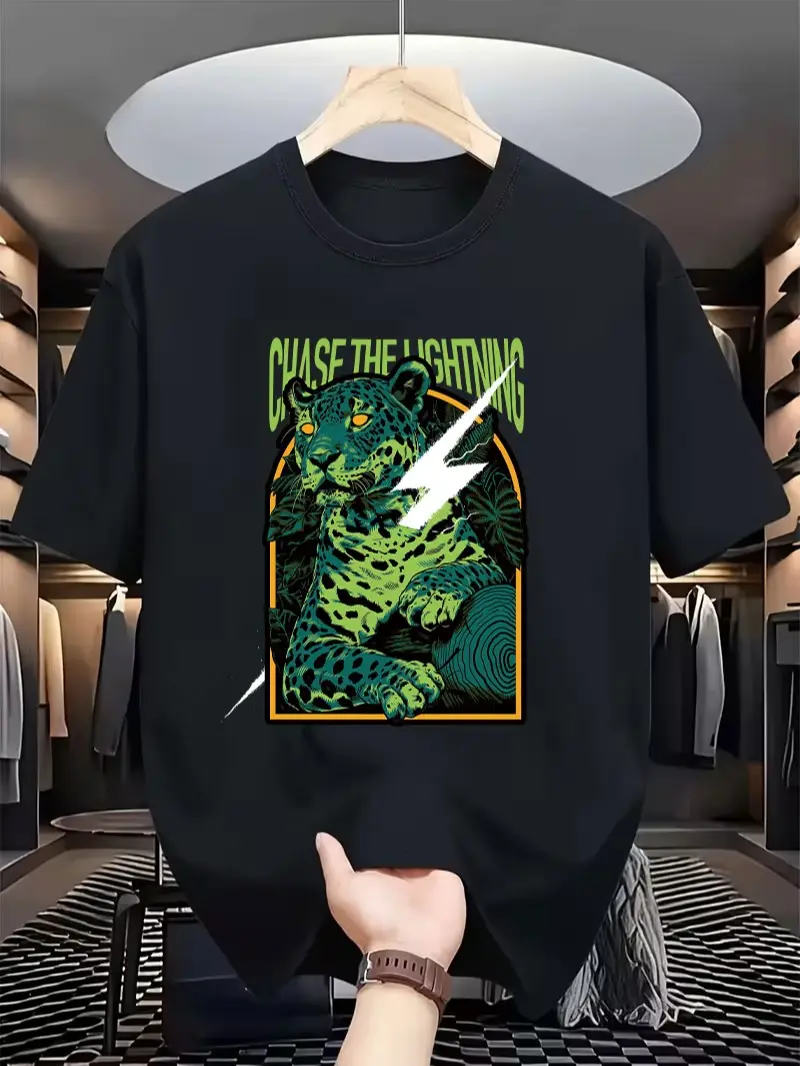 “CHASE THE LIGHTNING” Neon Green Leopard Lightning Graphic T-Shirt – Oversized Unisex Streetwear Tee, Black Base Y2K Vintage Hip Hop Style Top, Bold Energy Speed Print Shirt, Festival Skate Casual Outfit for Men & Women