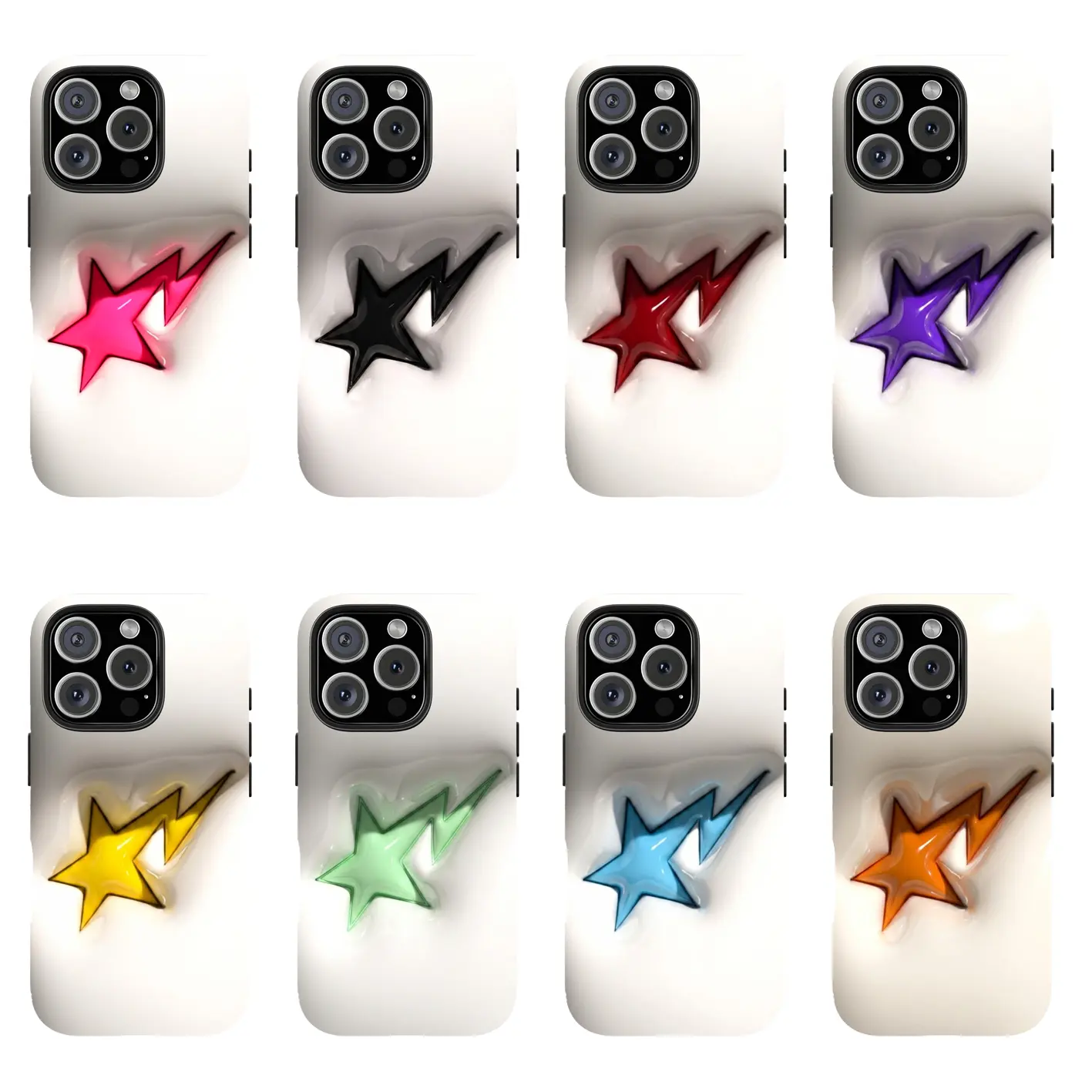 3D Glossy Star Graphic Minimalist White iPhone Protective Case, 8 Color Star Design Phone Cover