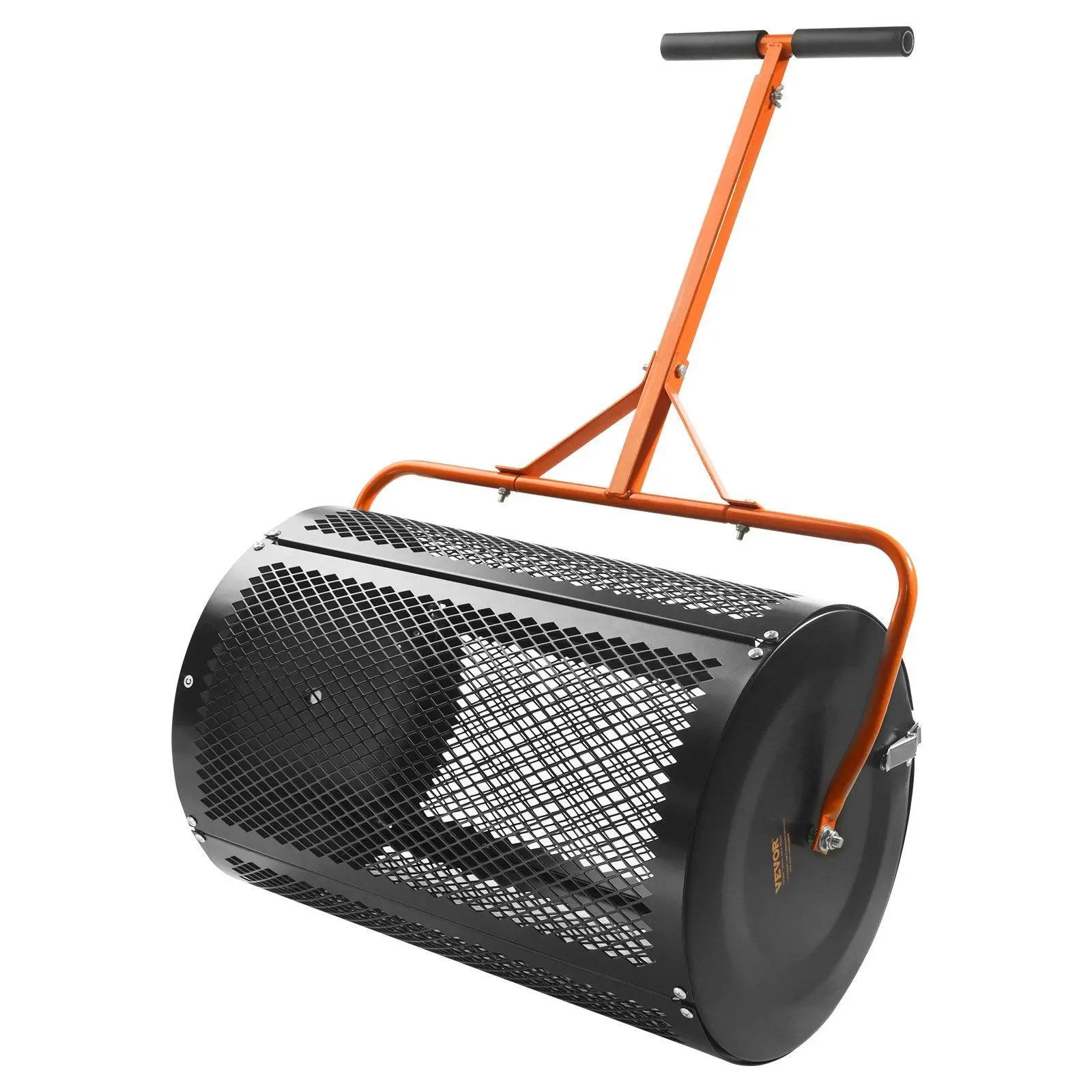 VEVOR 24-Inch Roller Compost Spreader for Gardening Users, Steel Mesh Basket Garden Spreader with Upgraded 3-Height Adjustable T-Shaped Basket Handle, Wide Fill Hinge & Side Latches, for Manure & Peat Moss Spreading