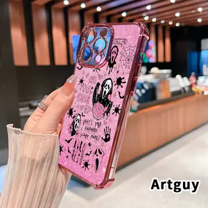 Electroplated Four Corner Anti-Fall Pink Horror Pattern Phone Case for iPhone 16 Pro Max 15 Plus 14 13 12 11 E Shockproof Transparent Protective Cover