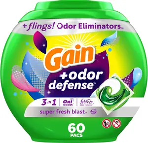 Gain Flings Laundry Detergent Pacs with Odor Defense, 60 Count, Super Fresh Blast Scent, HE 3in1 Detergent Pacs with Febreze and Oxi