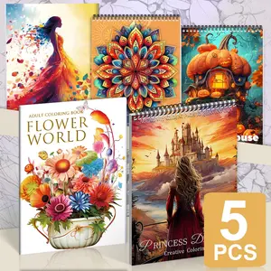 5-Pack Anti-Stress Coloring Book Set for Adults - High-Quality Relaxation & Stress Relief Paperback Featuring Character, Mandala, Flower, and Pumpkin House Designs - Exquisite Patterns for Easy, Fun Creativity - Perfect for Holidays,  Halloween, Christmas