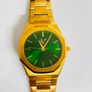 Emerald Heir Timepiece - Gold Plated Stainless Steel Case with Luminous Hands & Date Display Quartz Movement Water Resistant Elegant Dial Rhinestone Decorated Men's