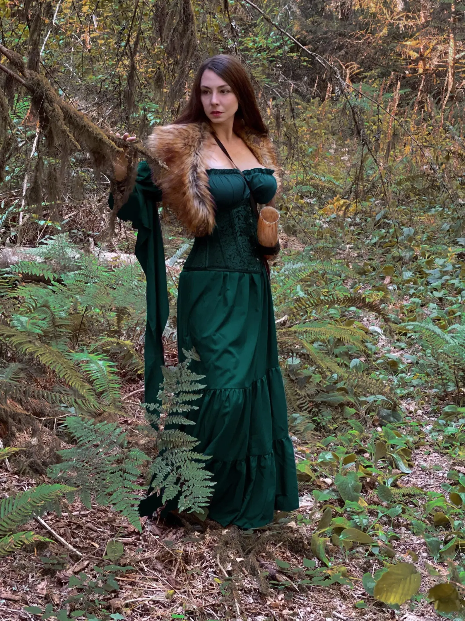 Women's Renaissance Earth Goddess Costume - Green Medieval Fantasy Dress with Fur Trim for Ren Faire & Cosplay Events