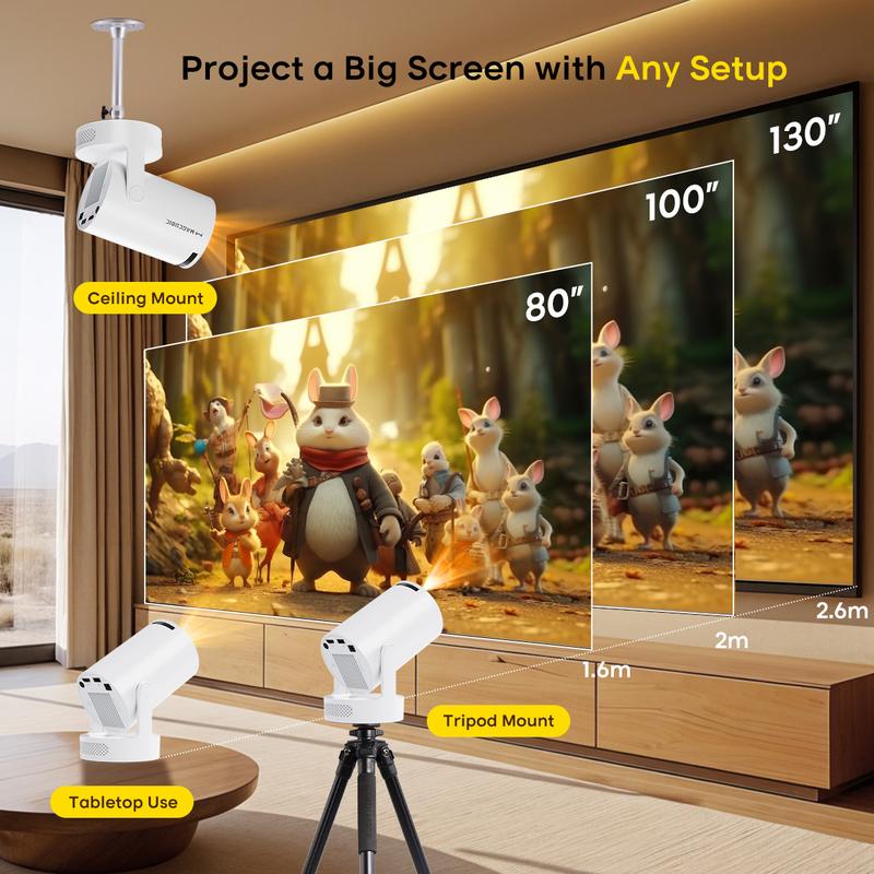 Smart Projector HY300Pro+ with 4K Decode 290ANSI Lumens Auto Keystone Correction Built-in 5W speaker Dual WiFi6 Wireless BT5.4 Android 11 Native 1280*720P for Home Cinema Portable Movie Theater