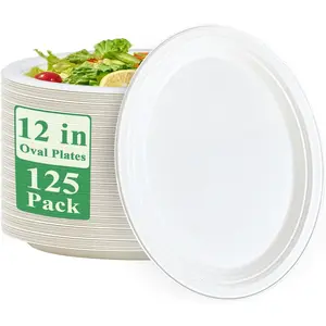 Compostable Oval Paper Plates 12 inch 125 Pack Super  Disposable Paper Plates Bagasse    Sugarcane for BBQ, Party, Dinner, and Picnic