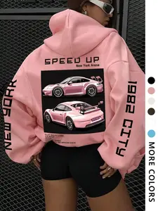 Women's Letter & Car Print Drop Shoulder Thermal Lined Hoodie, Fashion Casual Drawstring Pocket Hooded Sweatshirt for Daily Holiday Outdoor Wear, Women Clothing for Fall & Winter