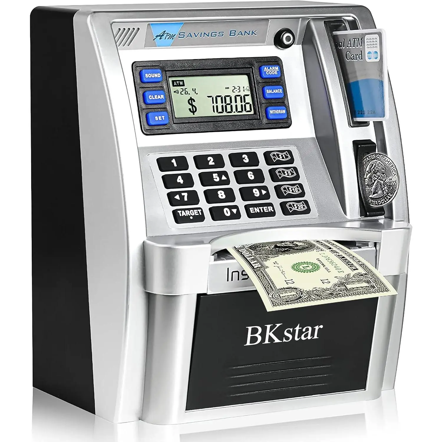 Upgraded kids talking piggy bank with poweroff memory for real money with real voice prompt onekey shutdown deposit withdraw debit card target setting electronic savings machine box
