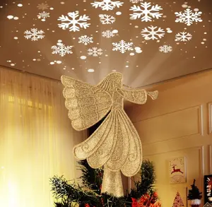 Christmas Angel Tree Topper with Built in LED Snowflake Projector Lights Hollowed Pentagram Tree Top with Gold Spangles Plated Plug in, Gold Angel