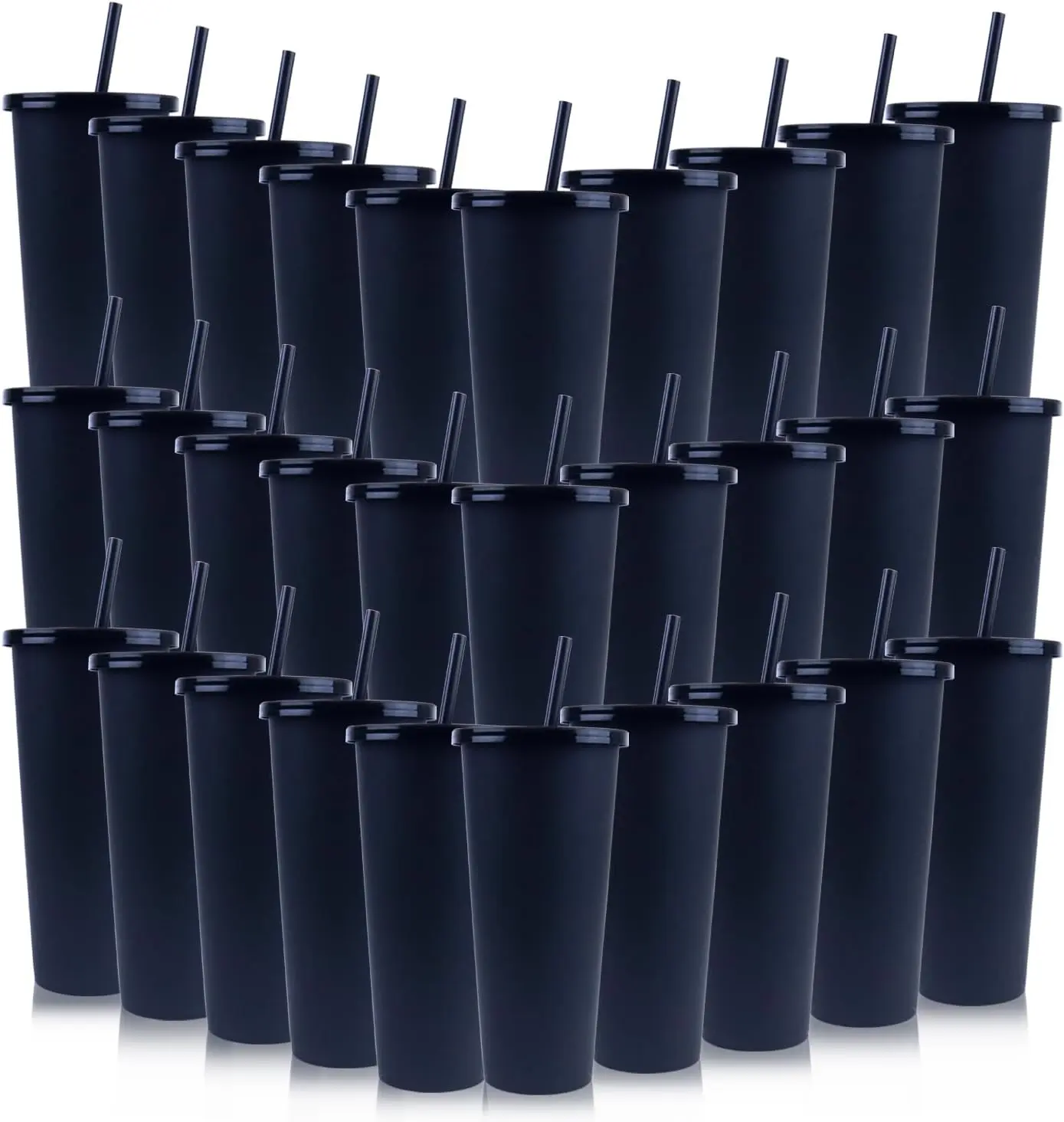 30 Pack Halloween Black Plastic Cups with Lids and Straws, 24 oz Disposable Plastic Tumblers Iced Coffee Cups Travel Mug Cup for Juices Birthday Bachelorette Party Wedding (Black,24 oz)