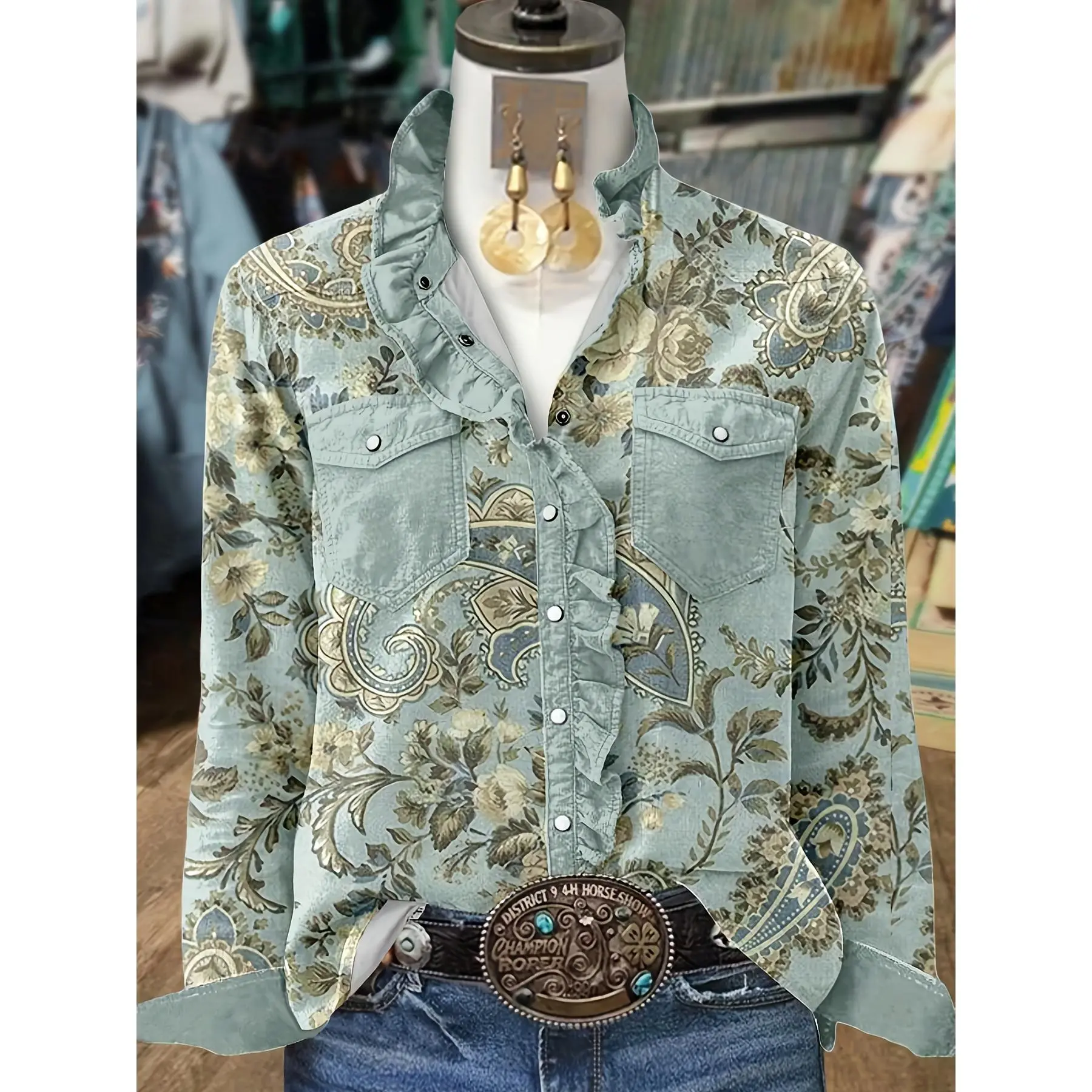 Women's Vintage Polyester Blouse - Ruffled V-Neck, Long-Sleeve, Slim-Fit, All Over Print, Regular Length, Elegant Dry Clean Top for Fall, Winter Parties, Shirt, Paisley, Vintage Casual, Holiday, Korean, New Year, Style Inspo, Fashion Inspiration, Hand Was