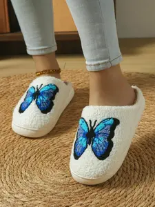 Autumn Winter Butterfly Cotton Slippers, Couples Thick Warm Non-Slip Fuzzy House Slippers, Home Use, Casual Less Than Ankle, Rubber Sole, Textile Upper