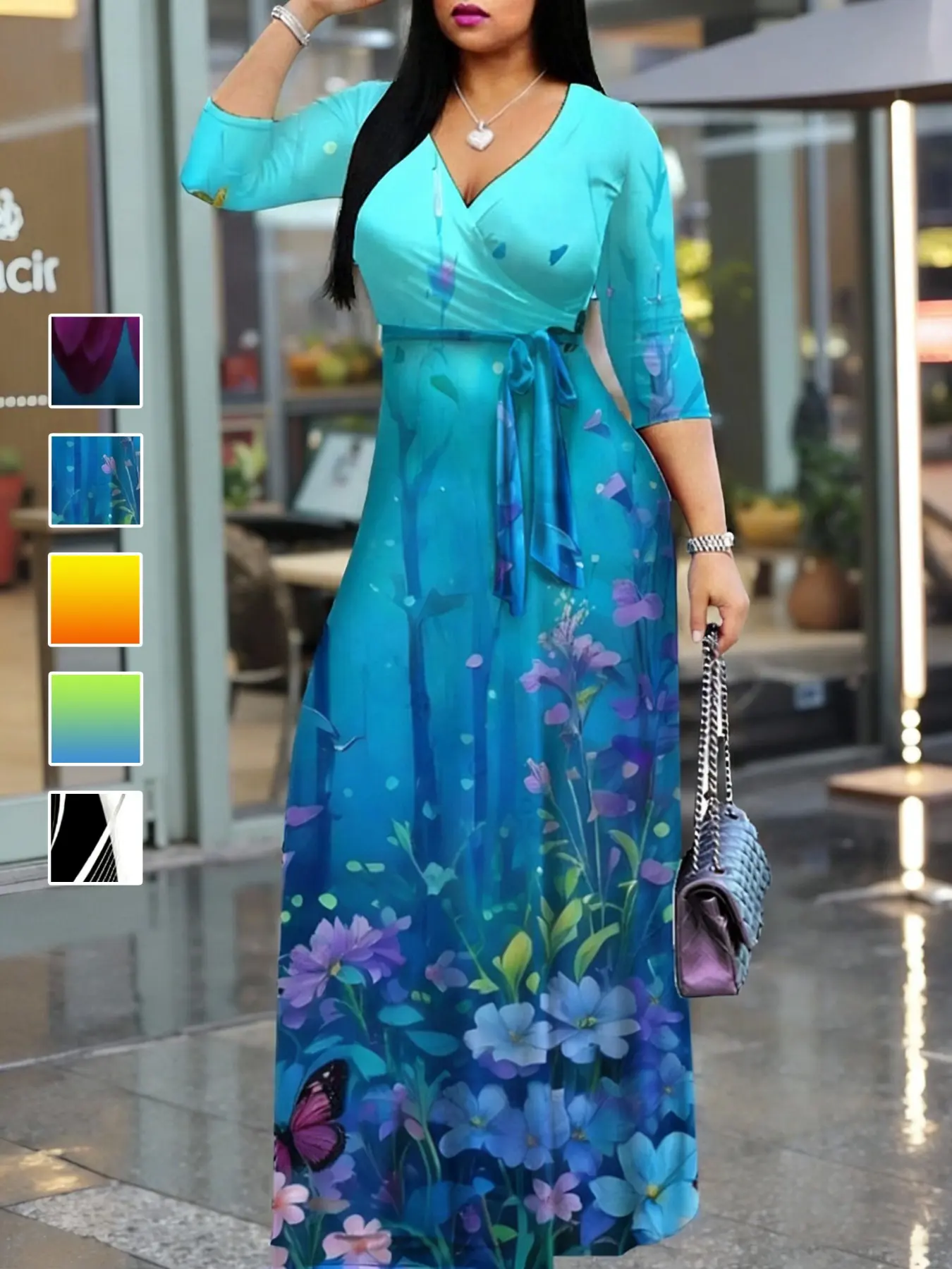 Elegant Chic Bohemian Boho Fashion V-Neck Floral Printed Dress with Belt, Loose-Fitting Long Boho Flowy Dress for Women, European and American Style, Elegance, All over Print, Casual Fashionable Dress, Womenswear