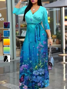 Elegant Chic Fashion V-Neck Floral Printed Dress with Belt, Loose-Fitting Long Dress for Women, European and American Style, Elegance, All over Print, Womenswear