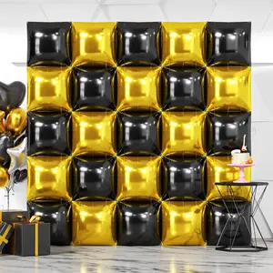 25PCS Black Gold Square Foil Balloons Wall Backdrop Double Sided Metallic Black Gold Balloons Arch Kit for 2026 New Year Graduation Anniversary Birthday Engagement Bridal Party Decorations