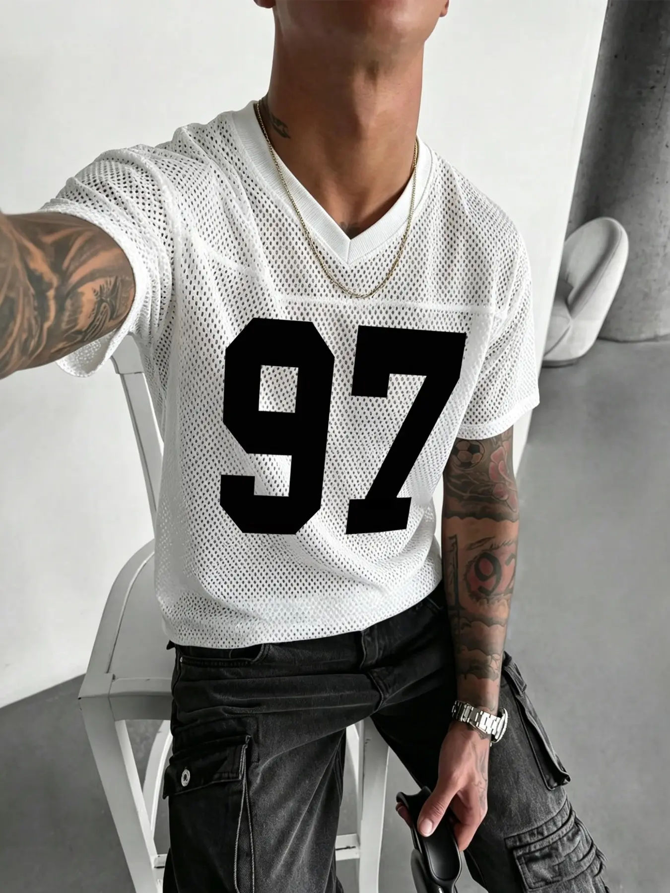 Men's Digital 97 Print Short Sleeve T-Shirt, Menswear, Round Neck, Breathable Mesh Lightweight Fabric, Layered Versatile Fashion, Soft Comfortable Material, Casual Outing, Graphic