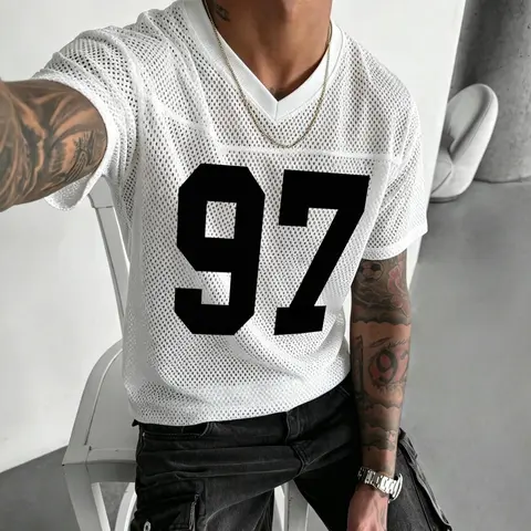 Men's Digital 97 Print Short Sleeve T-Shirt, Menswear, Round Neck, Breathable Mesh Lightweight Fabric, Layered Versatile Fashion, Soft Comfortable Material, Casual Outing, Graphic, Graphic Printed Tee