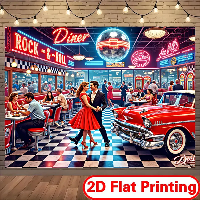 2D Flat Printing Polyester Backdrop Banner - Retro Rock & Roll Diner Scene with Red Car, Disco Ball Ornaments, Lively Accessory for Bedroom Decor, Home Decor Banner, Photoshoot Backdrops