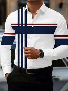 Men's Color-Block Striped Long Sleeve Shirt with Geometric Pattern, Casual Business Attire for Spring and Fall, All-Over Print Fashion Shirt