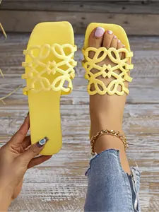 Women's Summer Slippers Candy Color Hollow Mesh Flat Sandals Breathable Non-slip Indoor Outdoor Beach Shoes