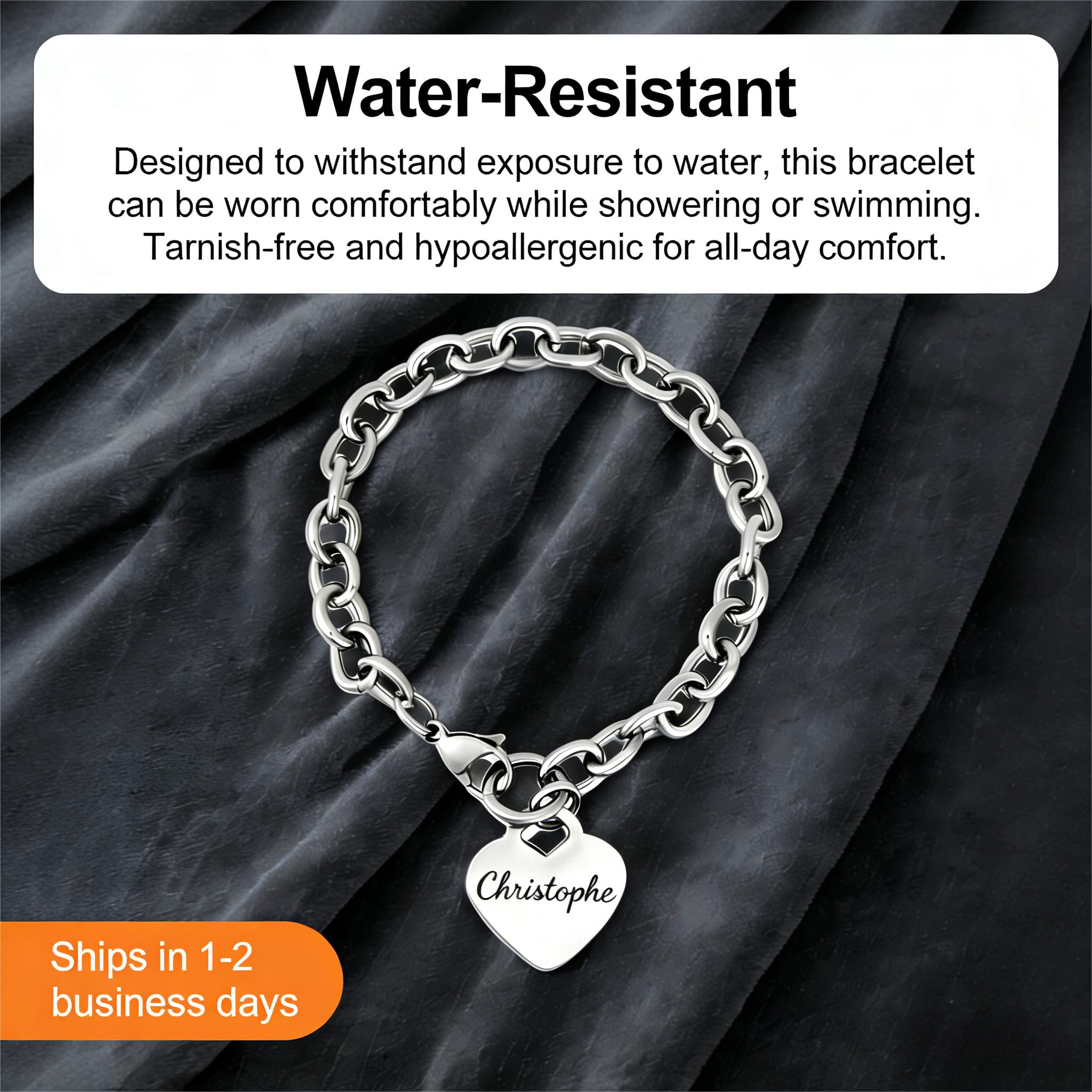 Personalized Engraved Heart Bracelet, Custom Name Jewelry for Men & Women, Waterproof Tarnish Free Stainless Steel Bracelet, Minimalist Gift for Him & Her