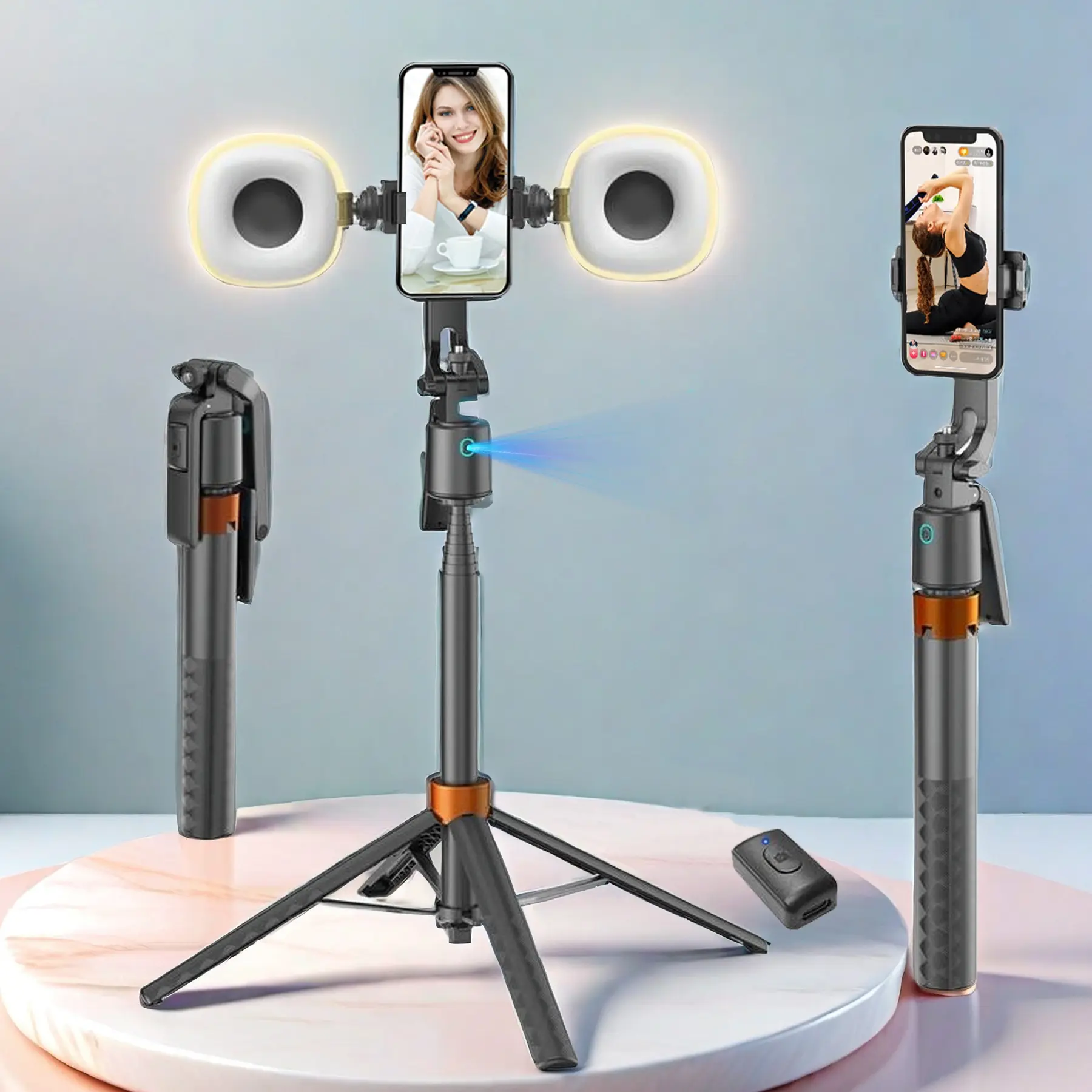 360-Rotatable Selfie Stick Tripod, Tripod Stabilizer, Rechargeable Selfie Stick with 2 Fill Light, Automatic Tracking Phone Holder, Smartphone Selfie Stick, Phone Accessories for Vlog Recording, Cellphone Accessories, Phone Accessory Compatible