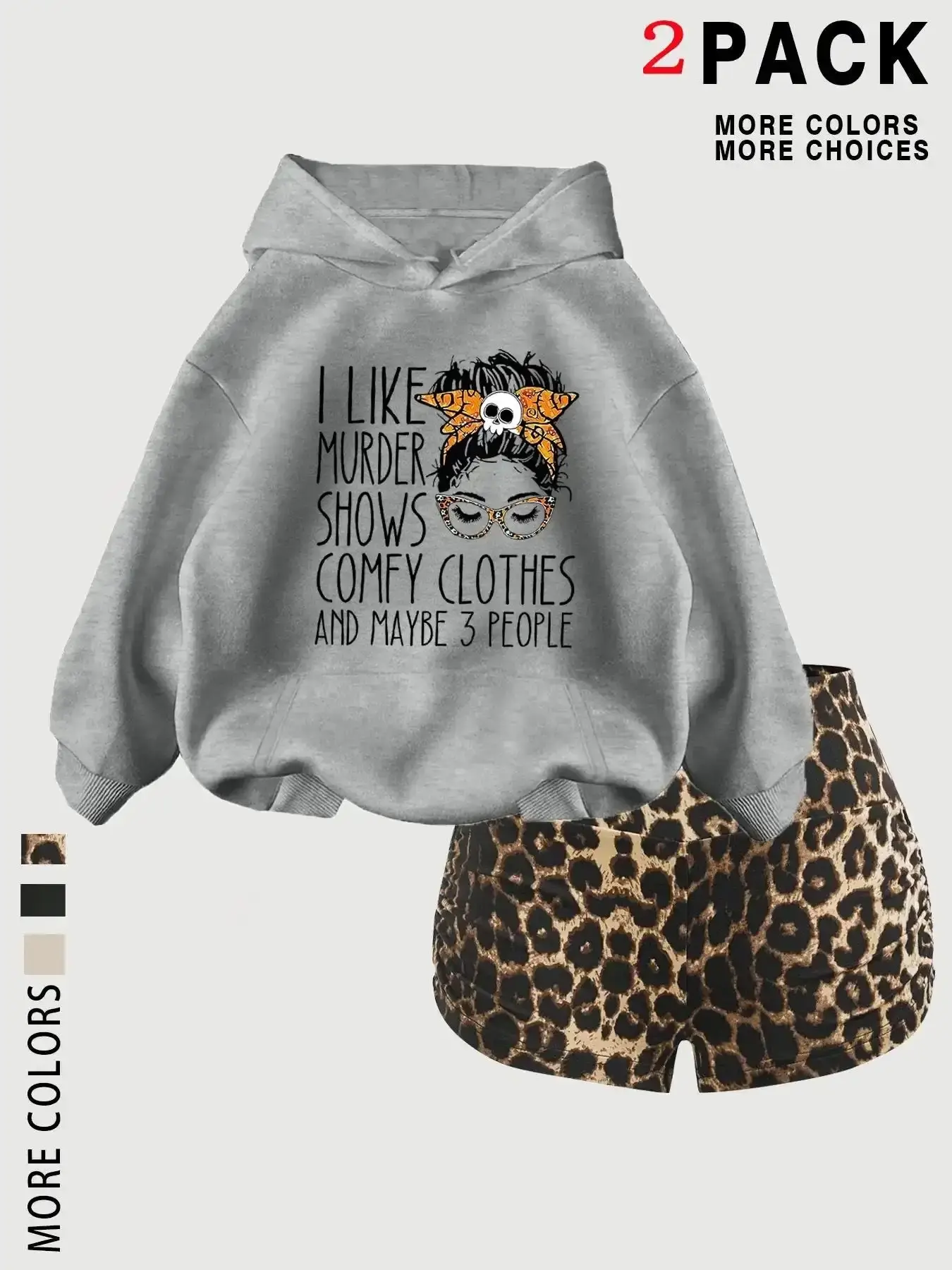 Women's Cartoon Graphic Print Thick Fashion Hoodie Top Set with Leopard Shorts, Casual Loose-Fit Winter, I Like Murder Shows Slogan, Daily Wear, Clothes, Womenswear aesthetic stretch fit date night on trend