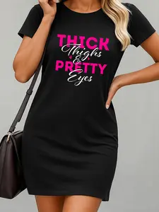 [Plus Size] Letter Print Round Neck Dress, Casual Short Sleeve Crew Neck Short Dress for Summer, Women's Plus Clothing for Daily Wear, Casual Dresses, Womenswear