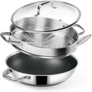 12-Inch Wok with Steamer,Nonstick Stainless Steel Woks & Stir-fry pans with Lid,Stay-Cool Handle,PFOA Free Cookware,Dishwasher and Oven Safe, Works on Induction