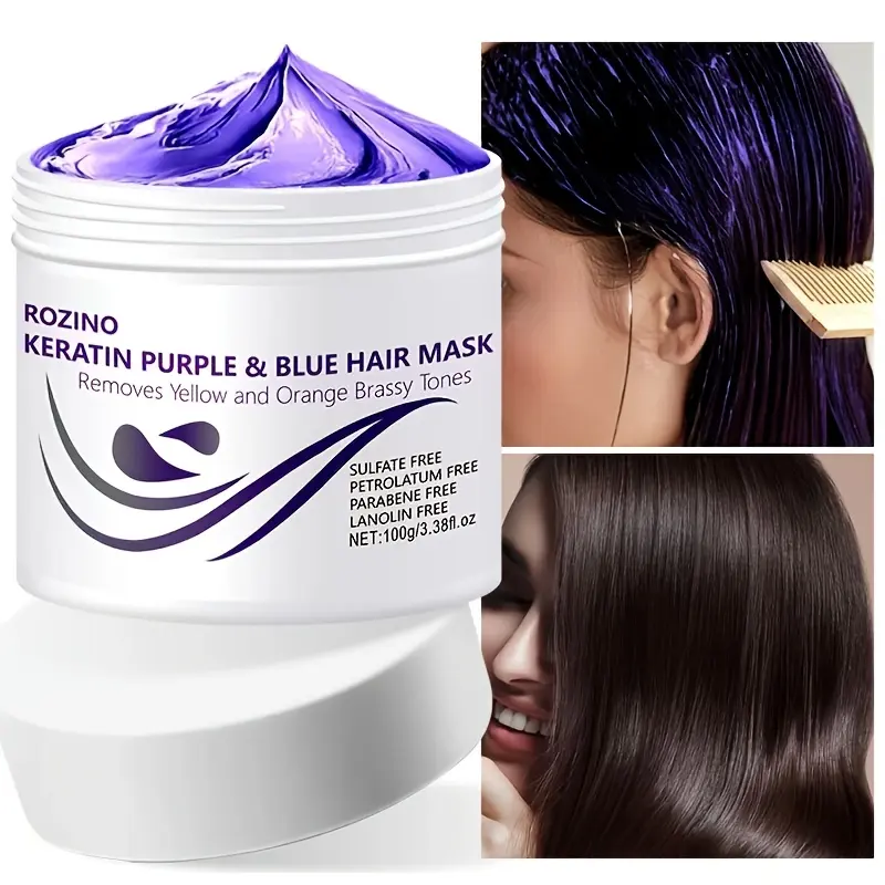 ROZINO Keratin Purple & Blue Hair Mask - 100g Sulfate-Free Haircare Formula, Targeted Yellow & Orange Brassy Tone Removal, Enhances Natural Hair Color, Reusable Extensions Friendly
