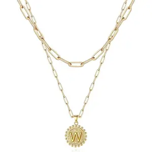 Layered Initial Necklaces for Women - 14K Gold Plated Dainty Layering Paperclip Chain Necklace, Layered Initial Coin Pendant Chain Necklaces for Women Teen Girls Jewelry Mothers Day Gifts