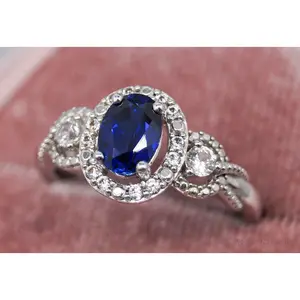 Vintage Lab Sapphire Cubic Zirconia Sterling Silver Ring - Size 6.75