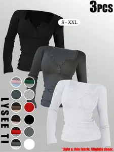 3pcs Autumn And Winter Women'S Casual Fashion Sporty Tee Set, With Multi Button Design, Solid Color Round Neck Long Sleeved Top, Athleisure Wear Set, Athletic Fashion Activewear