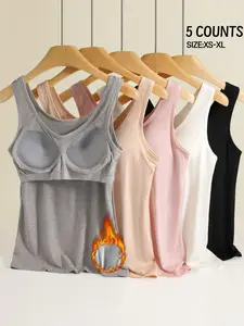 Women's Solid Color Padded Sleeveless Slim Fit Tank Top, Round Neck Tank, Casual Comfy Breathable Tank Top for Daily Wear, 2 in 1 Bra Top Soft Comfort Vest, Ladies Lingerie Underwear for Everyday Wear, Lightweight Stretch Fabric