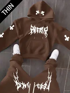 Men's Black Long Sleeve Hoodie and Pants Set American Streetwear with Lightning Cross Print Stylish Casual Wear Featuring Slight Stretch and Detailed Pockets Clothes Menswear