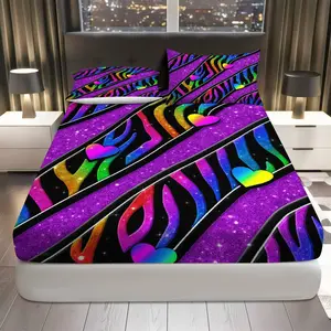 3Pcs Glitter Rainbow Heart Fitted sheet Three Piece Set (1*Fitted Sheet+2*Pillowcases, Coreless), Party theme, Vibrant Colorful Bedding Set, Mattress protector Soft, Breathable
