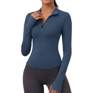 Womens Long Sleeve Workout Tops Quick Dry Quarter Zip Pullover Crop Yoga Athletic Slim Fit Shirts
