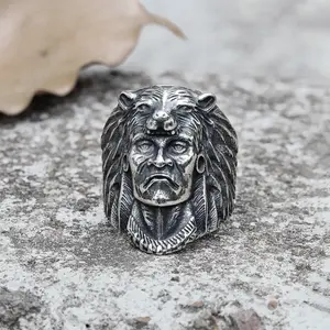 GTHIC Vintage Indian Chief Stainless Steel Tribal Ring Thumb Ring for Men Daily Wear Statement Jewelry